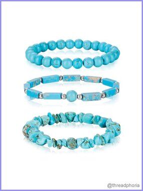 Natural Turquoise Stone Stretch Bracelet Set 3 Pieces Healing Crystal Beaded